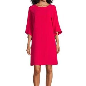 Caroline Rose Julia Matte Crepe Shift Dress Red XL 3/4 Flutter Sleeve Round Neck